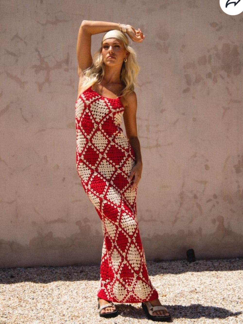 VRG GRL Verge Girl Joni Crochet Boho Maxi Dress Red Cream Granny Square - Small